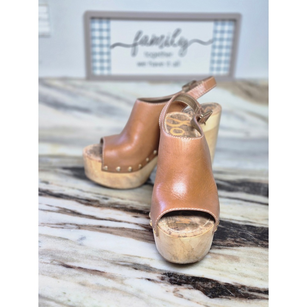 Sam Edelman Marley Tan Leather Wood Platform Studded Slingback Sandals 6.5M